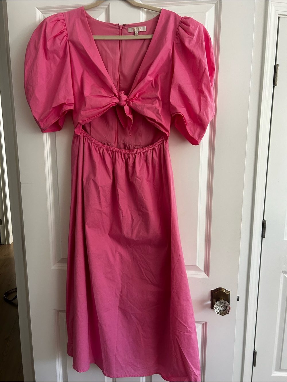 Wayf Hot Pink Midi Dress with Tie Front and Puff Sleeves